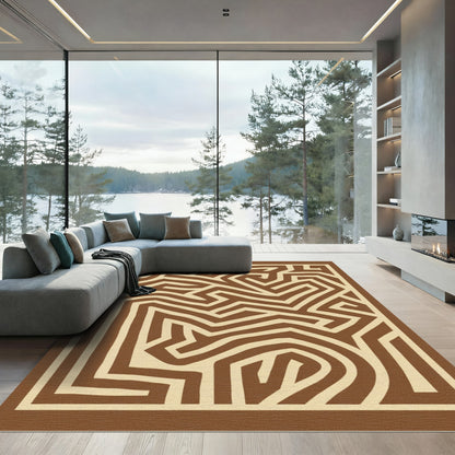 Earthy Brown Maze Geometric Line Rug