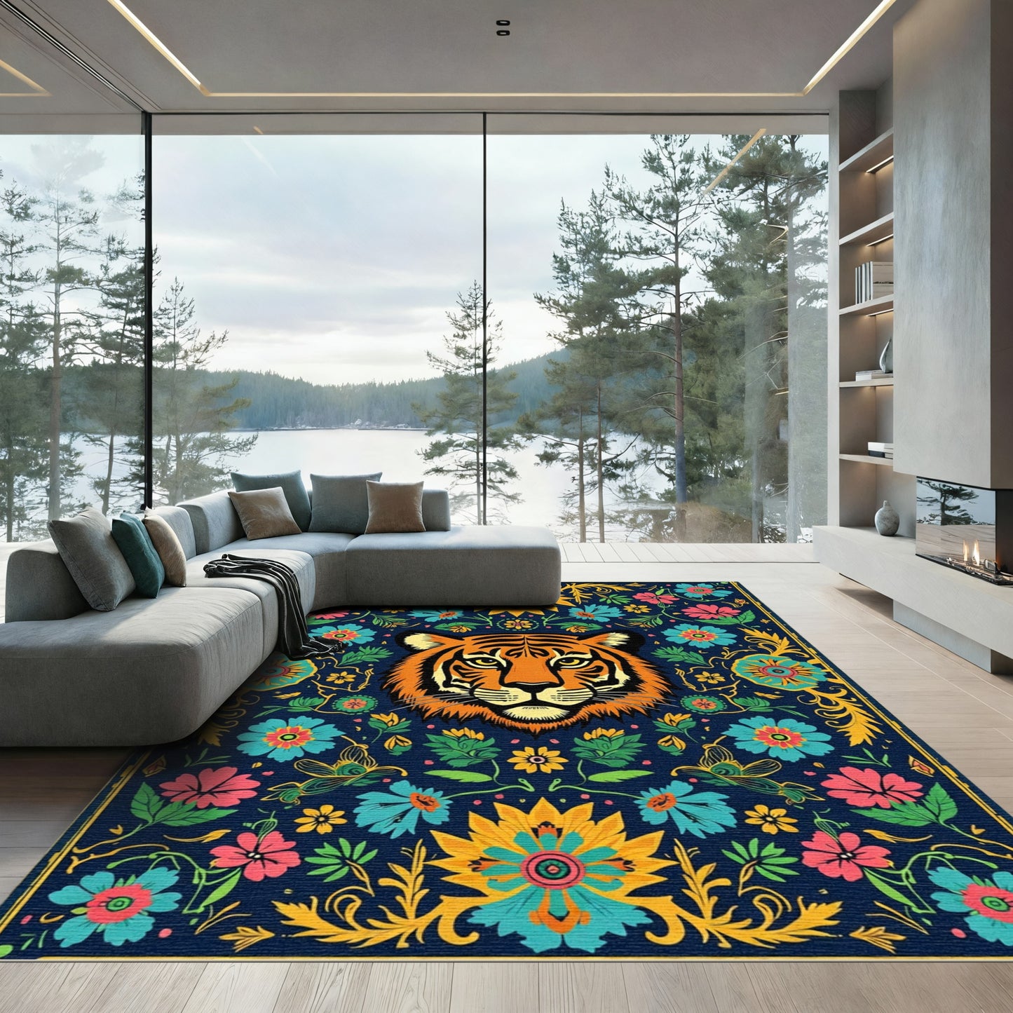 Vibrant Blue Tiger Floral Tapestry Rug