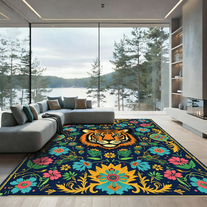 Vibrant Blue Tiger Floral Tapestry Rug