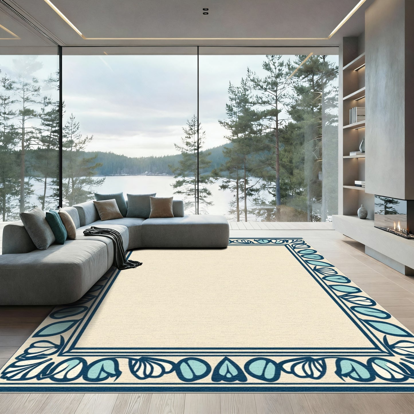 Aqua Blue Botanical Border Rug