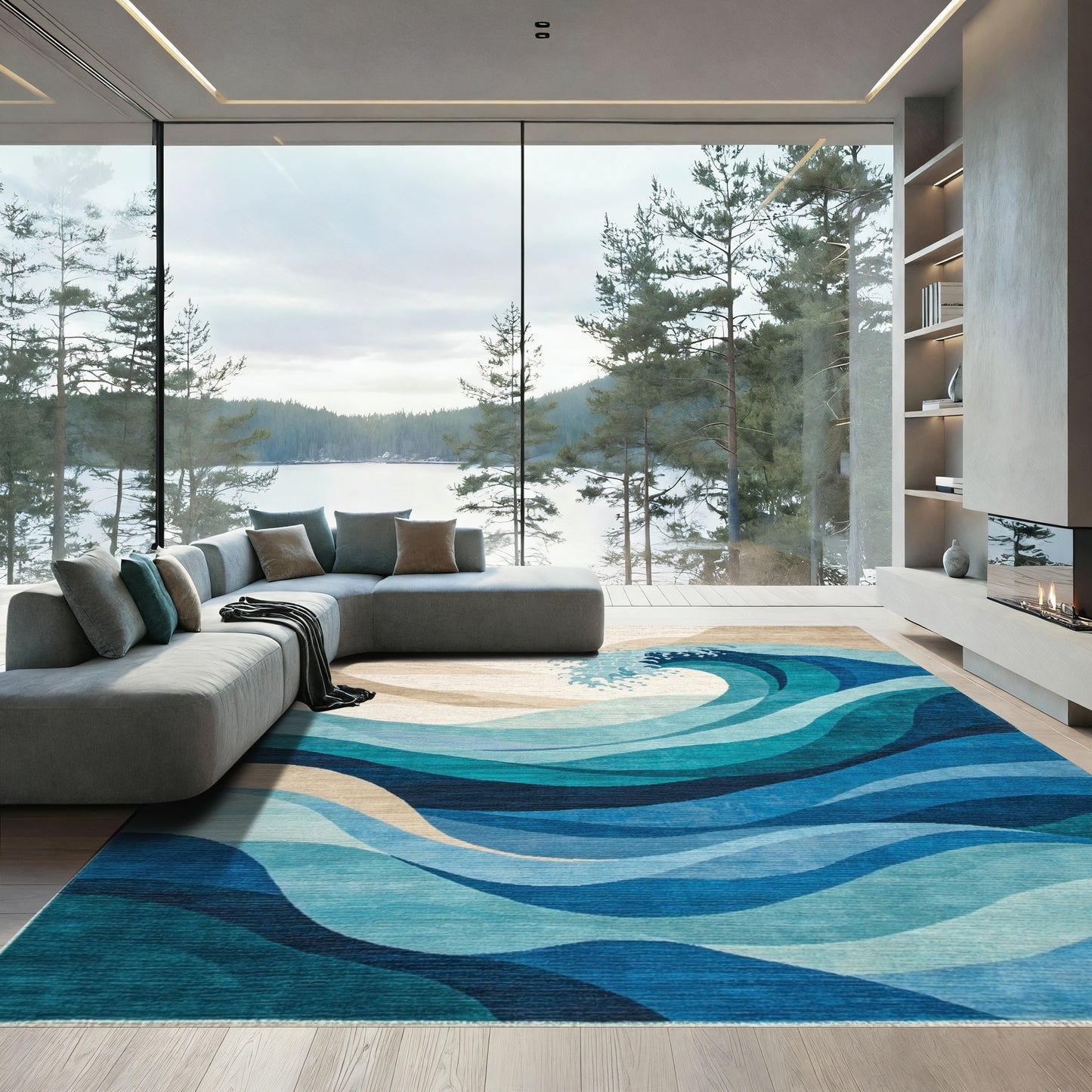Abstract Teal Crashing Waves Rug