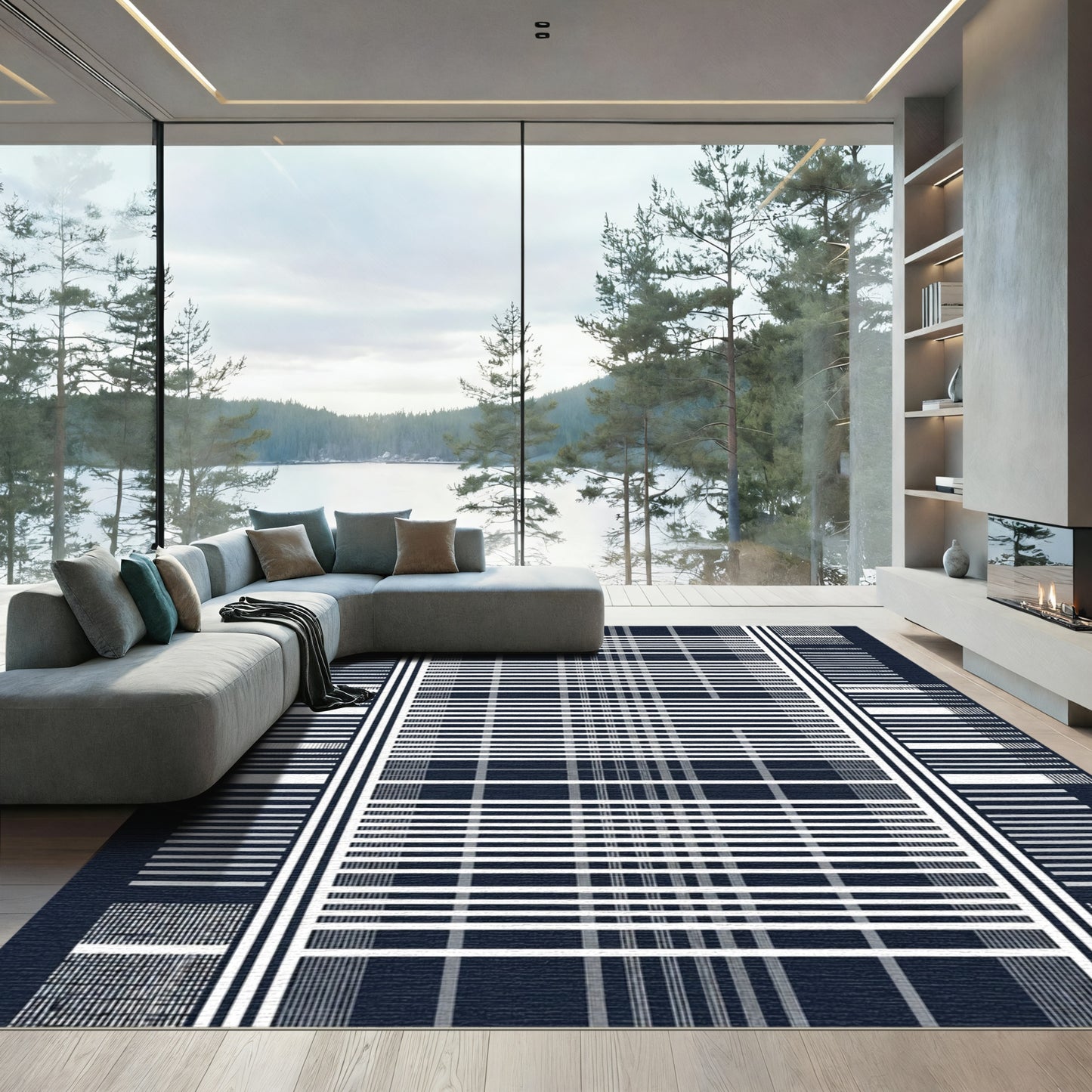 Deep Navy White Stripe Grid Rug