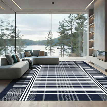 Deep Navy White Stripe Grid Rug