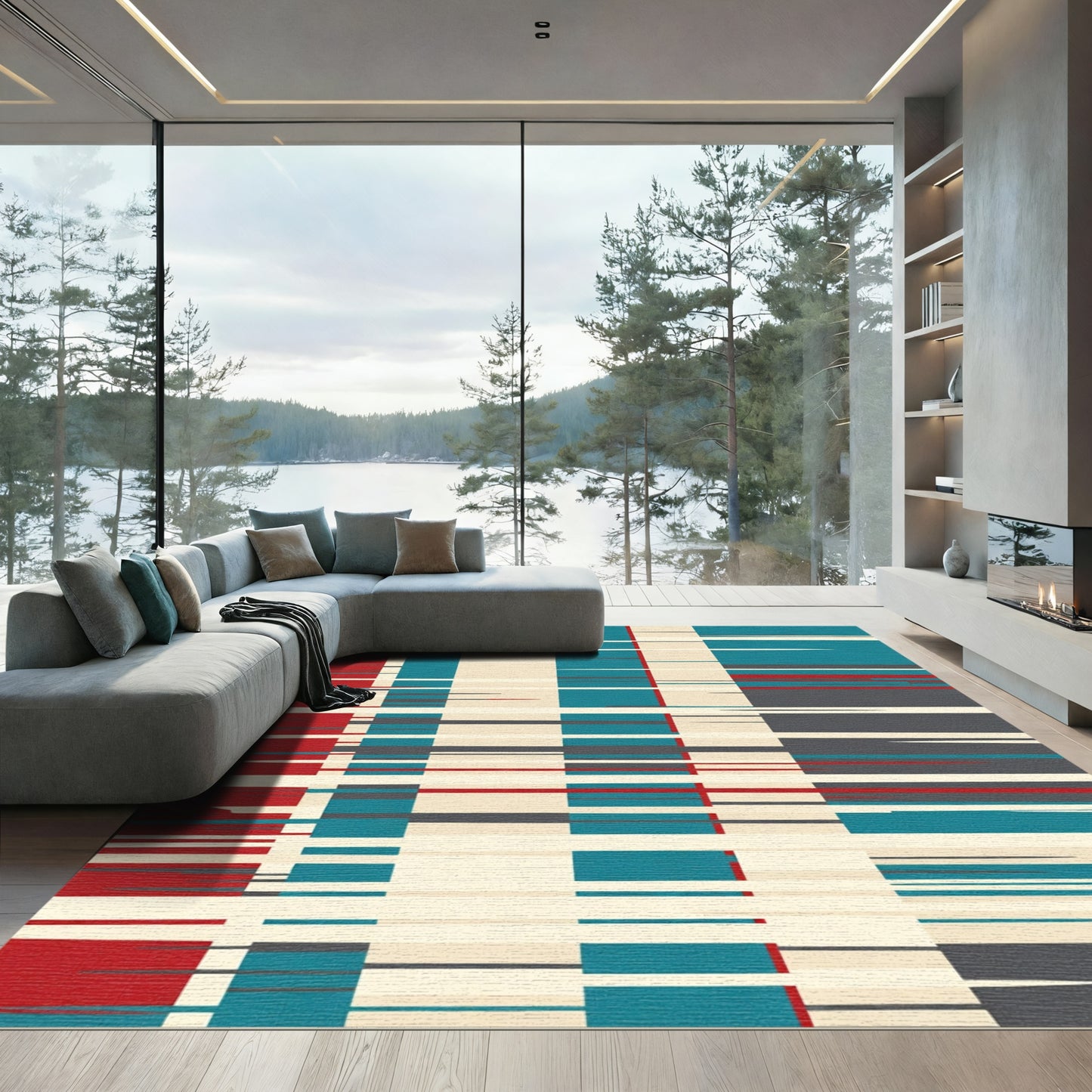 Red Teal Cream Abstract Stripe Rug