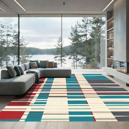 Red Teal Cream Abstract Stripe Rug