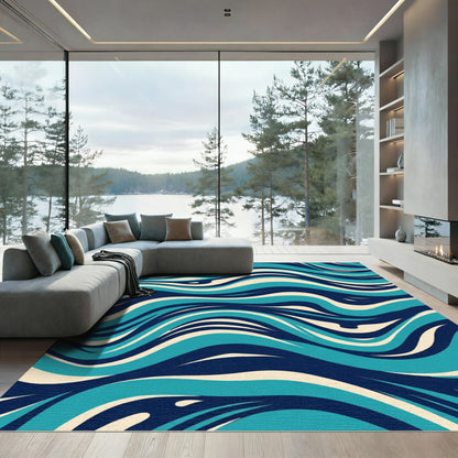 Deep Blue Cream Swirling Waves Rug