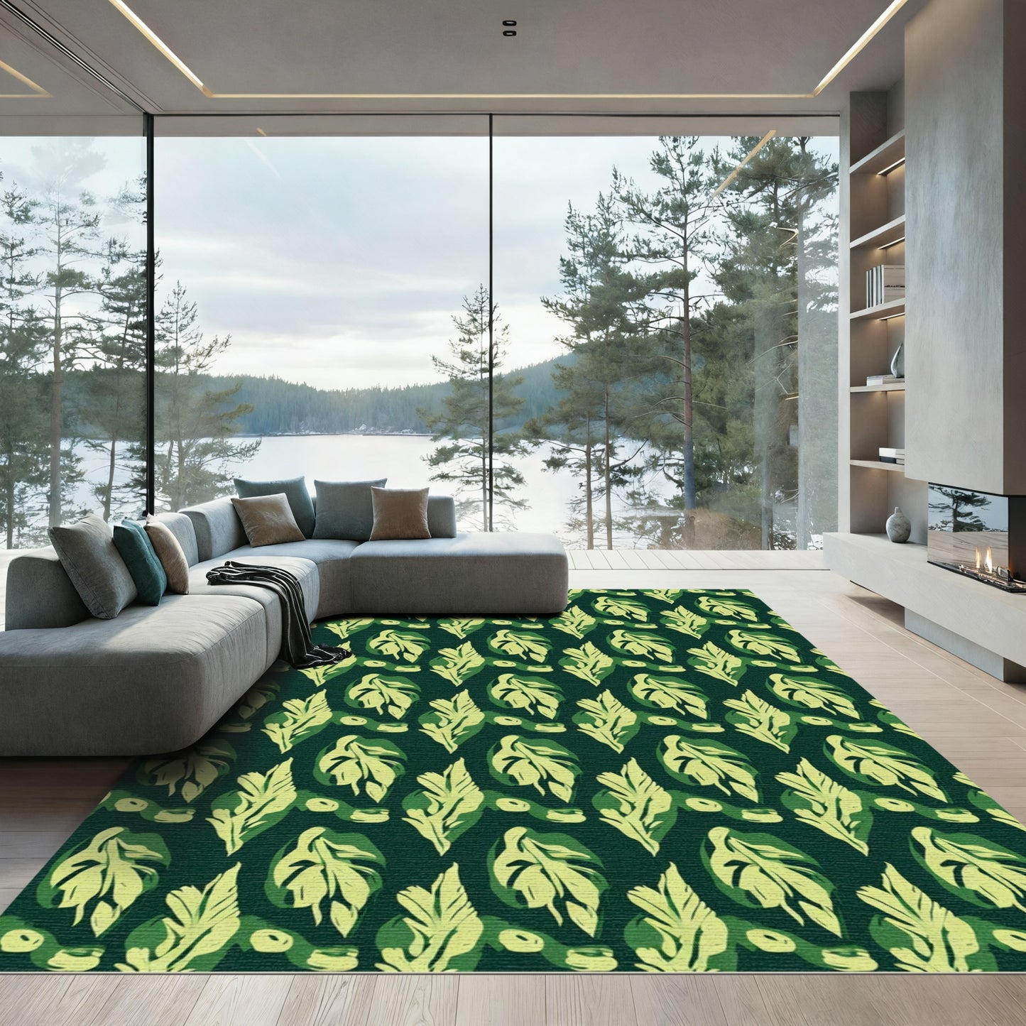Lush Green Tropical Foliage Layout Rug