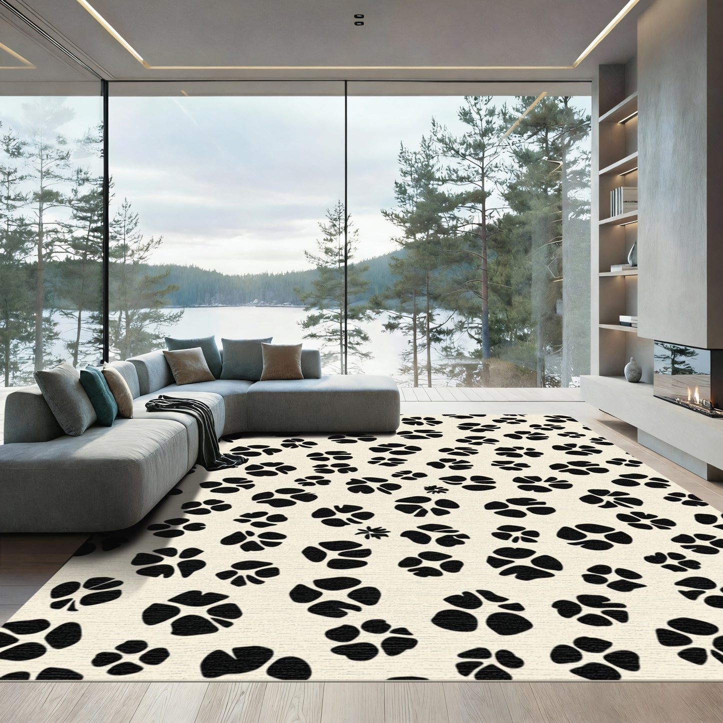 Cream Black Scattered Petal Abstraction Rug