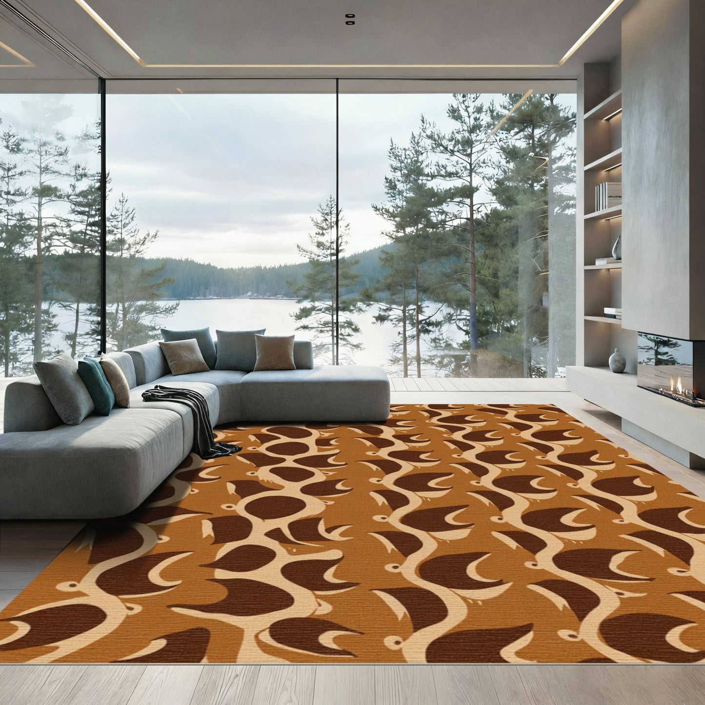 Brown Tan Abstract Vine Swirl Rug