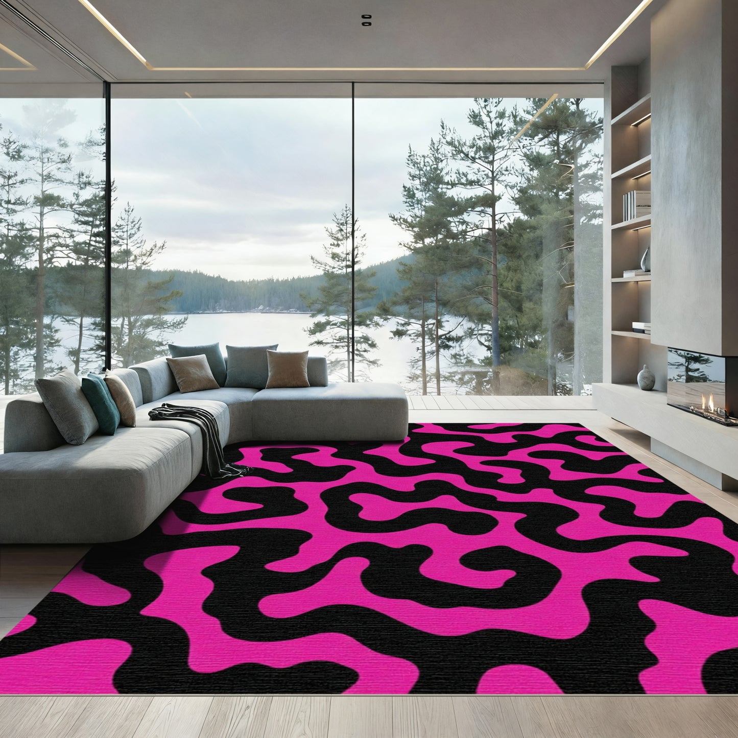 Vibrant Pink Black Amoeba Shape Rug