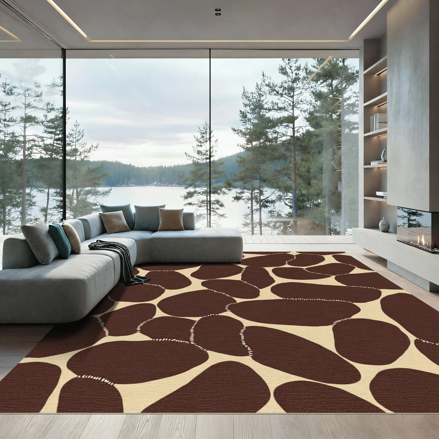 Brown And Cream Abstract Pebble Pattern Rug