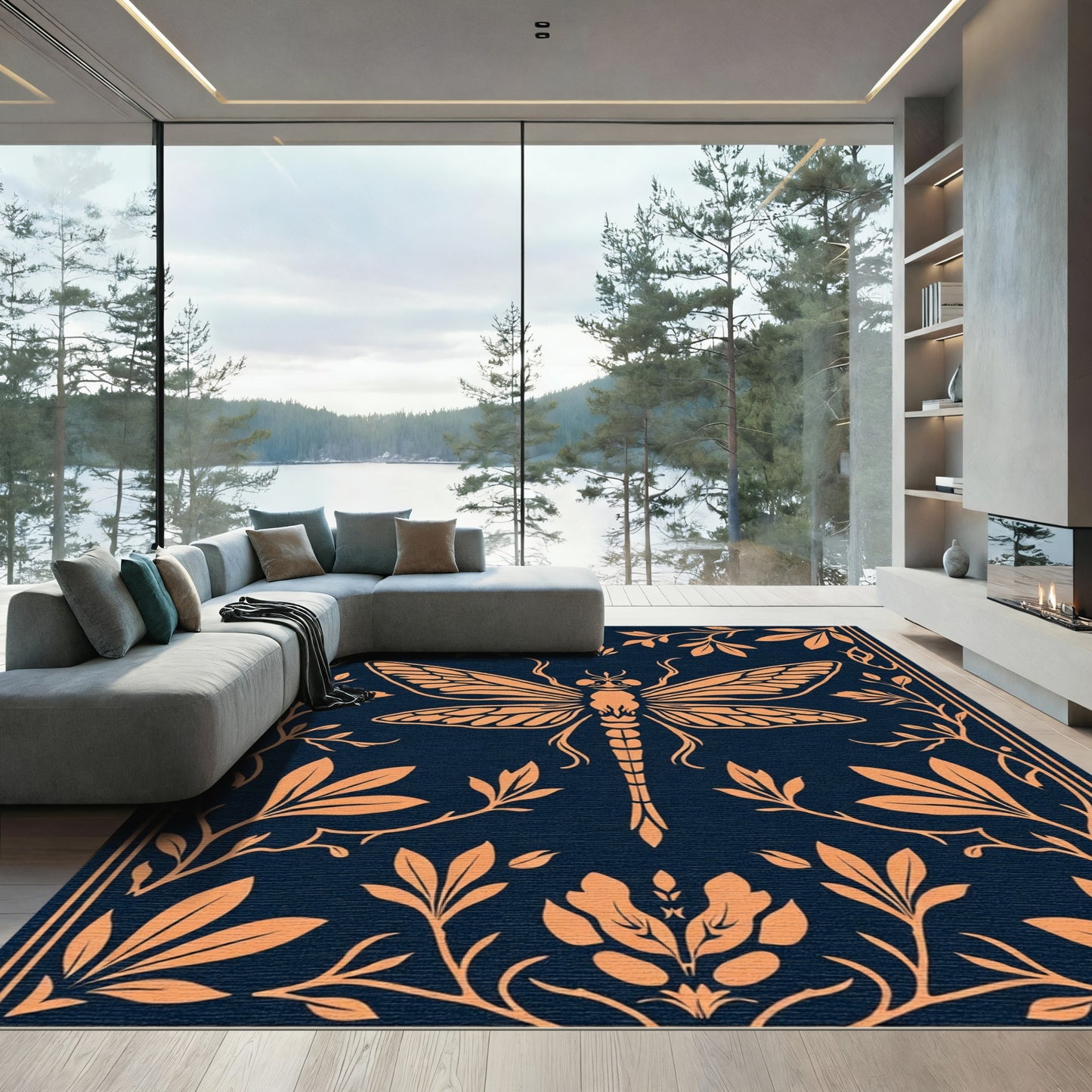 Orange Dragonfly Art Nouveau Botanical Rug