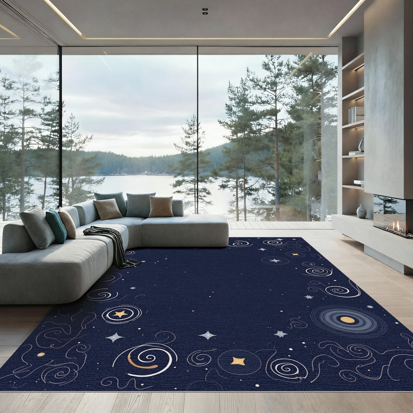 Cosmic Swirls and Stars Indigo Rug