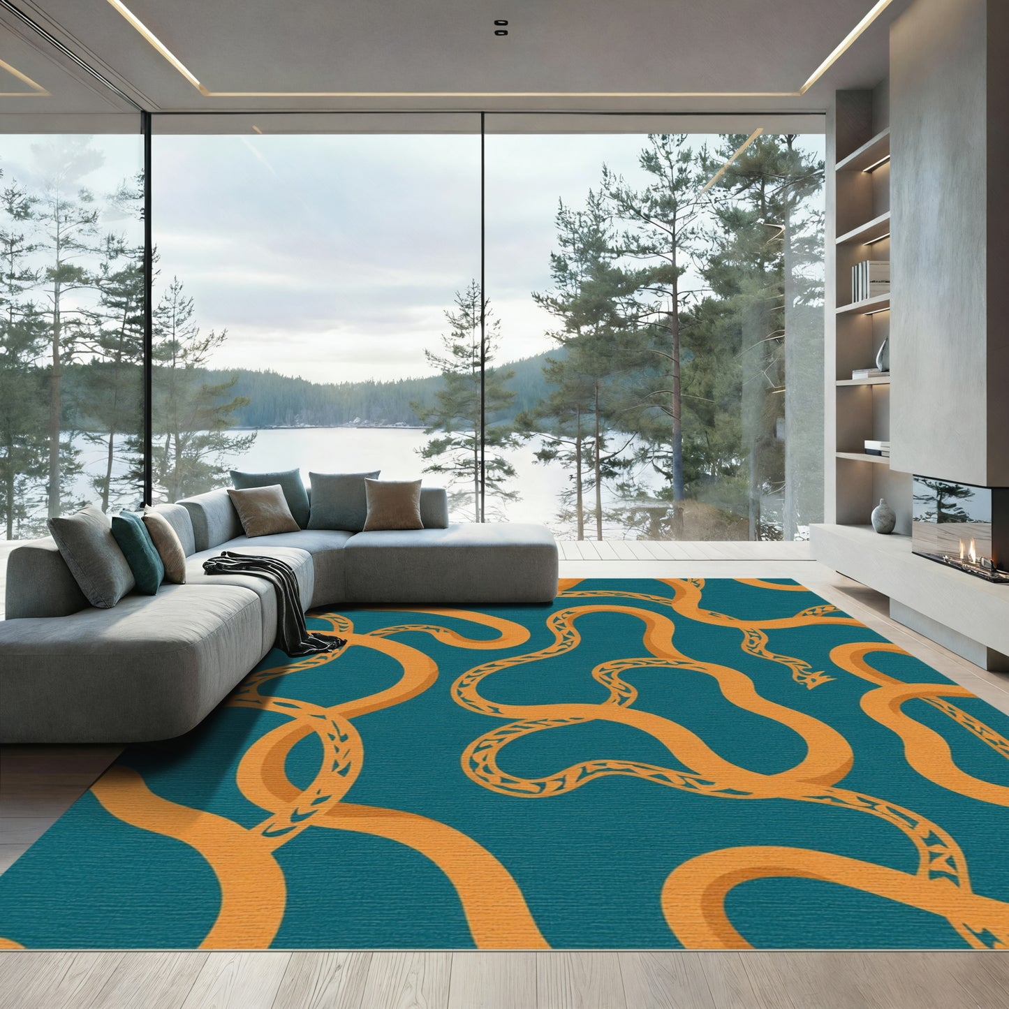Orange Serpent Teal Background Rug