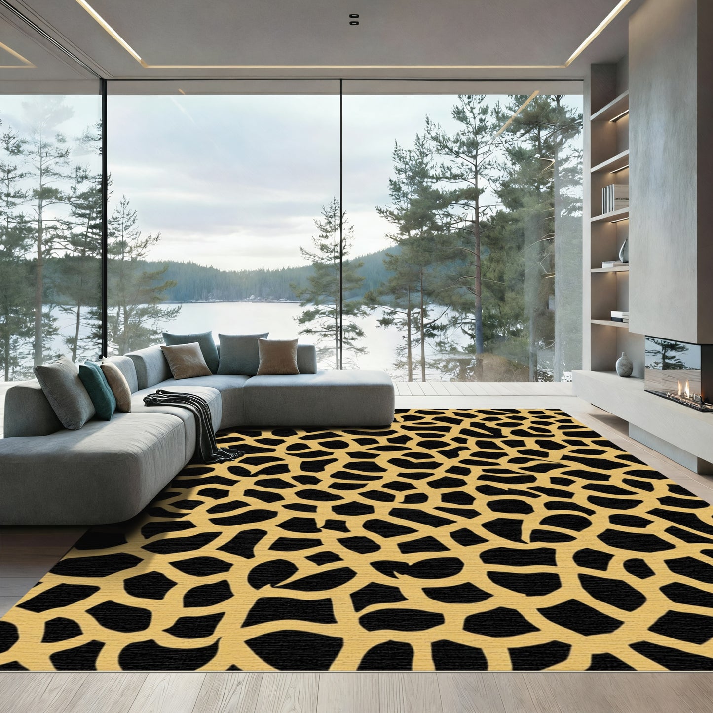 Golden Black Giraffe Skin Texture Rug