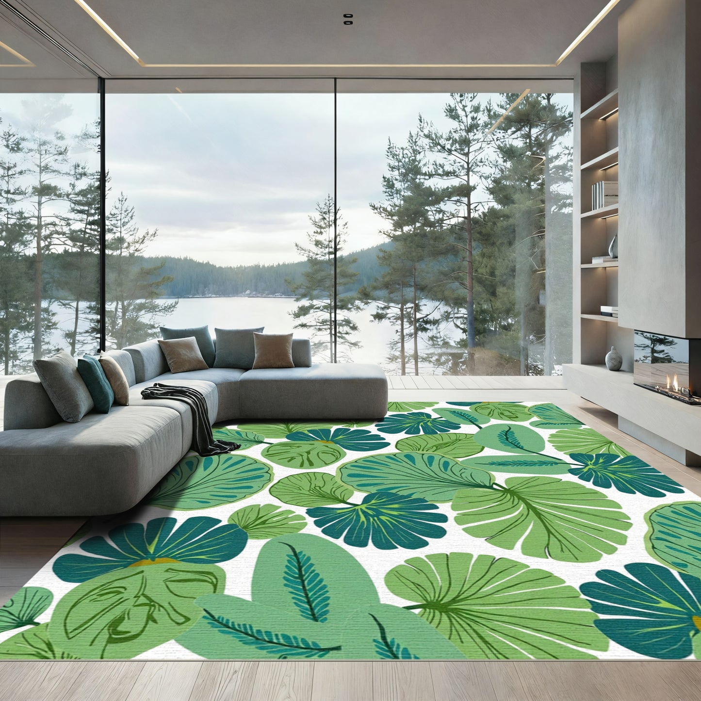 Lush Tropical Green Leaf Arrangement Rug