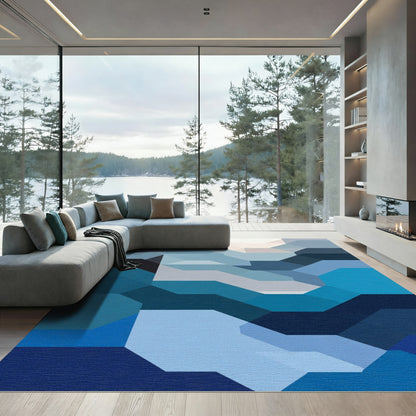 Deep Azure Geometric Overlay Rug