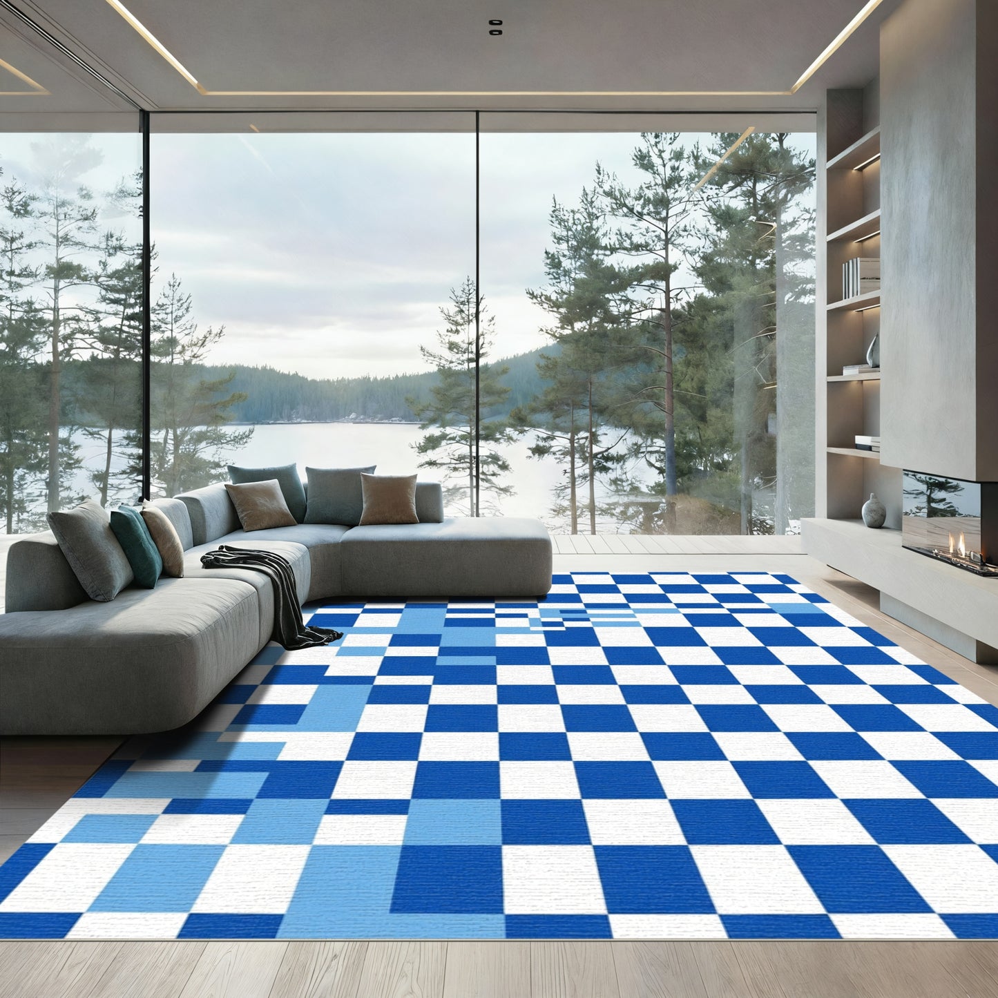 Blue White Geometric Squares Modern Rug