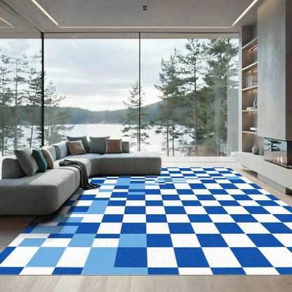 Blue White Geometric Squares Modern Rug