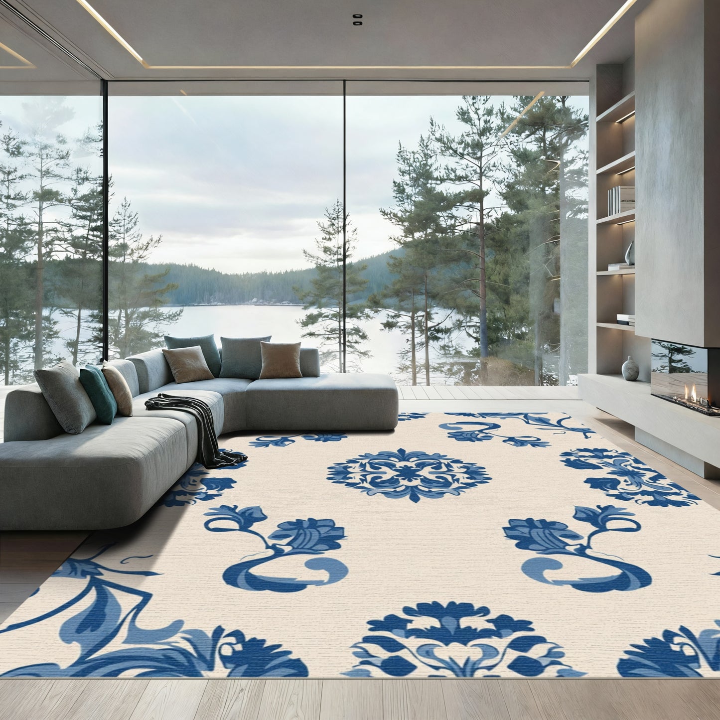 Blue Floral Medallion Damask Rug
