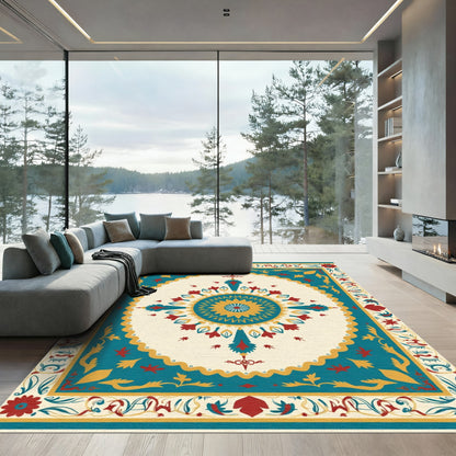 Teal Gold Red Floral Medallion Border Rug
