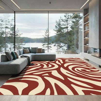 Cream and Crimson Swirl Abstract Rug