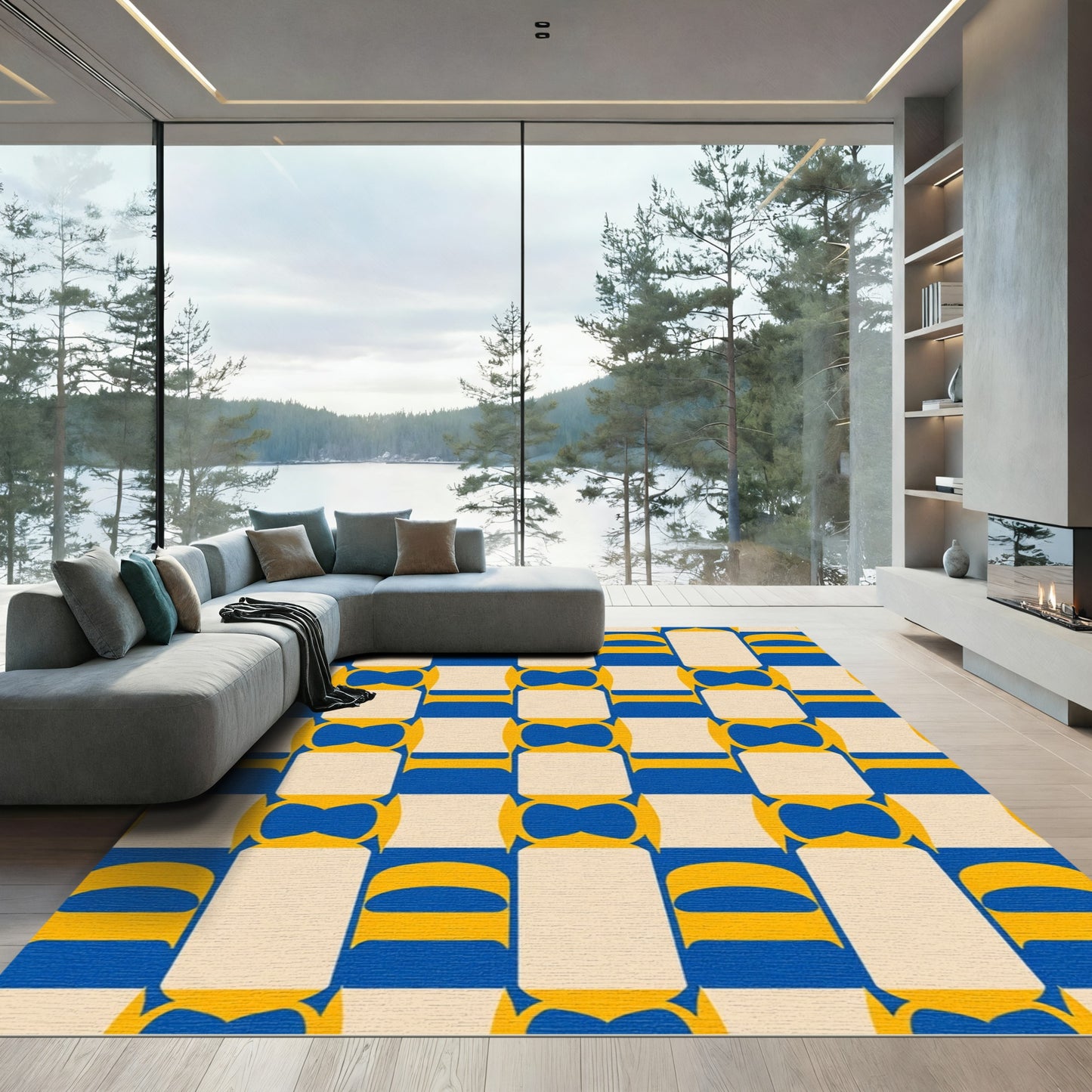 Retro Blue Yellow Geometric Grid Rug
