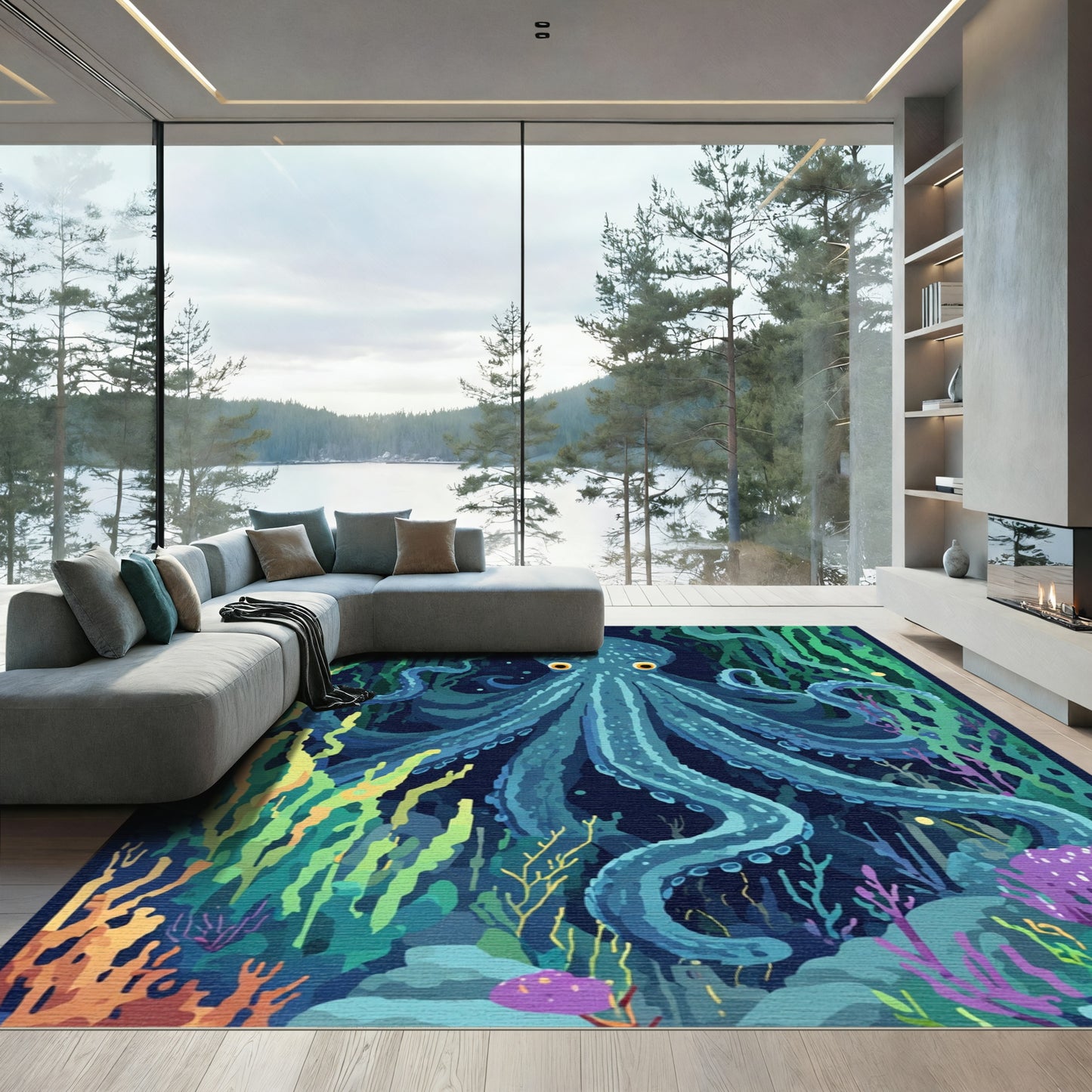 Aqua Octopus Amidst Coral Life Rug