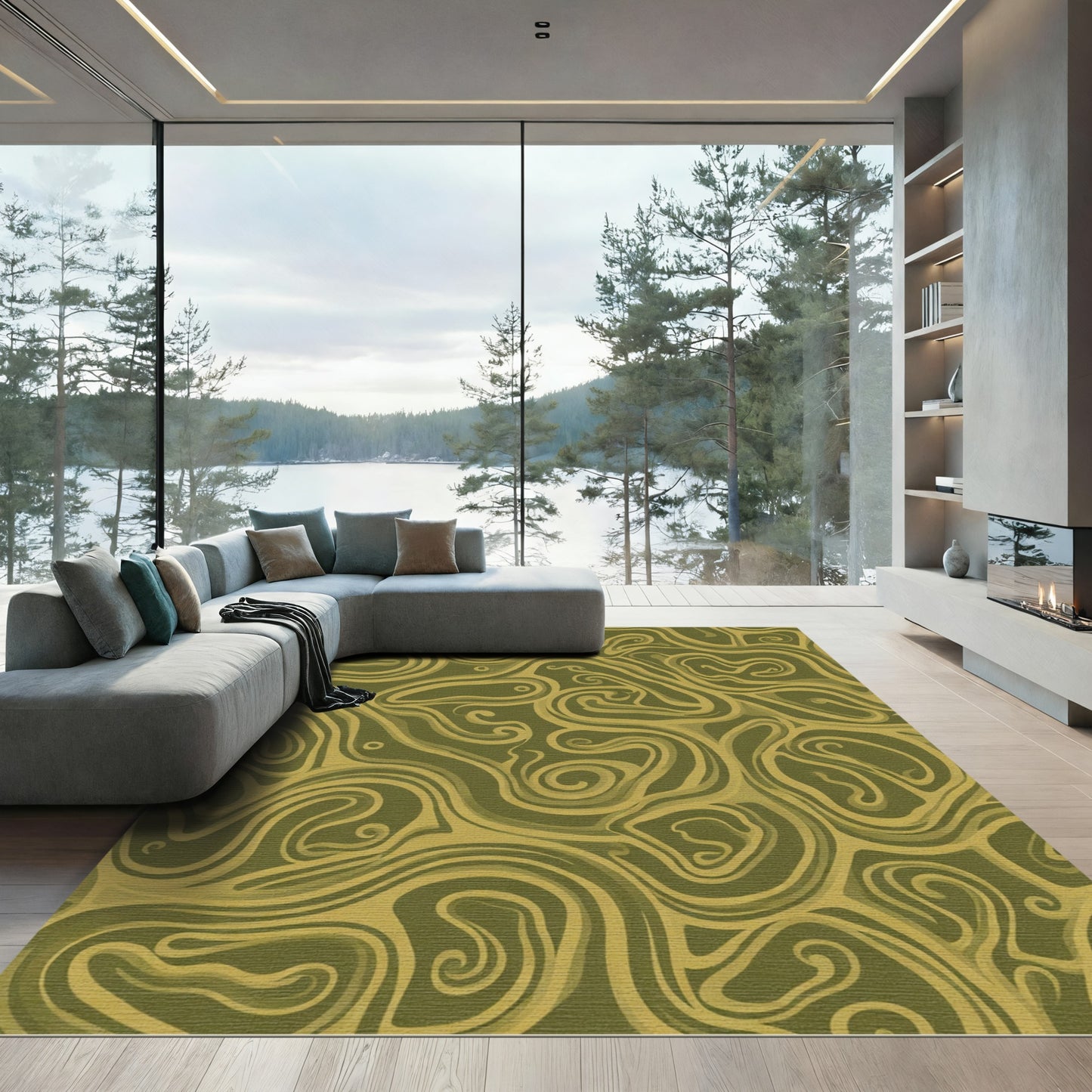 Olive Swirl Abstract Flow Rug