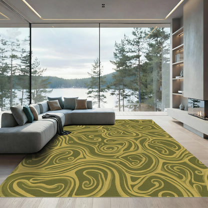 Olive Swirl Abstract Flow Rug