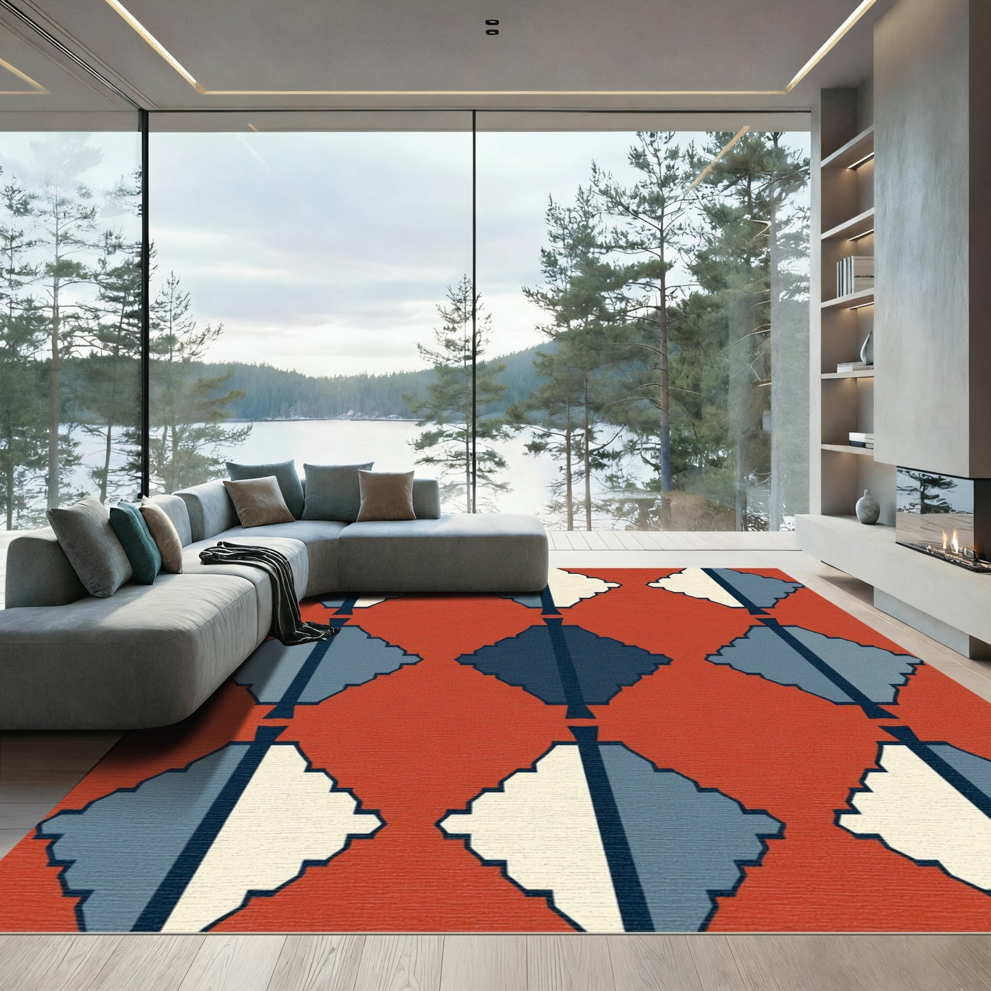Terracotta Blue Diamond Geometric Gradient Rug