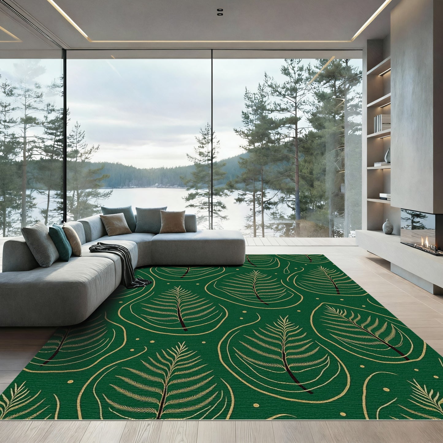 Emerald Green Palm Frond Botanical Rug