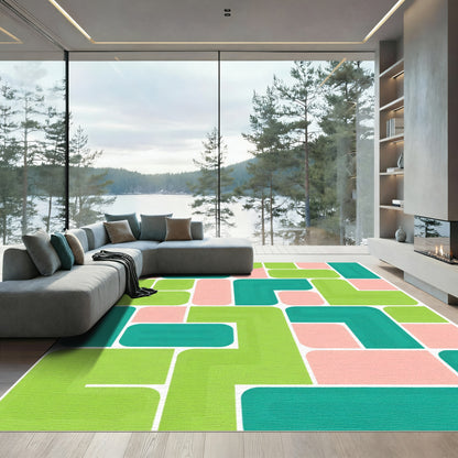 Teal Green Pink Pastel Geometric Blocks Rug