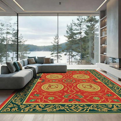 Ornate Red Gold Floral Medallion Border Rug