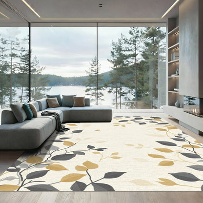 Gold Grey Leaf Branches Border Rug