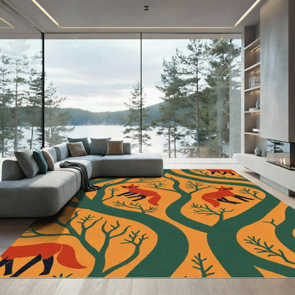 Orange Woodland Fox Tree Composition Rug