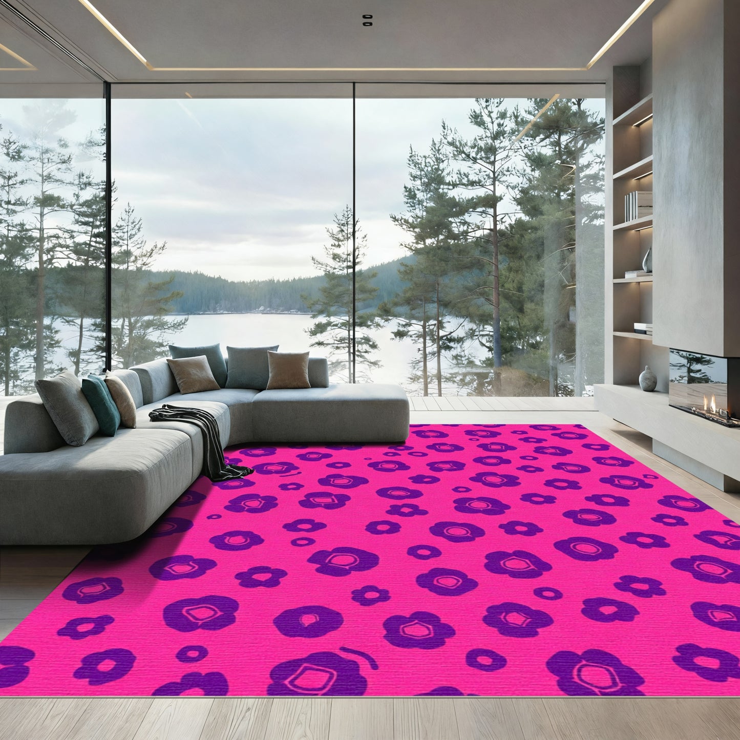 Bright Pink Purple Petite Floral Arrangement Rug