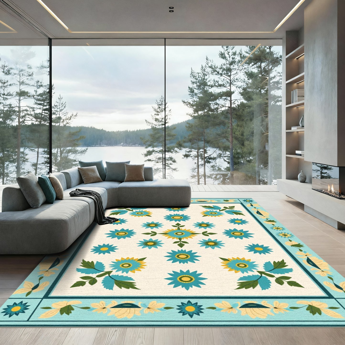 Teal Yellow Floral Garden Composition Rug