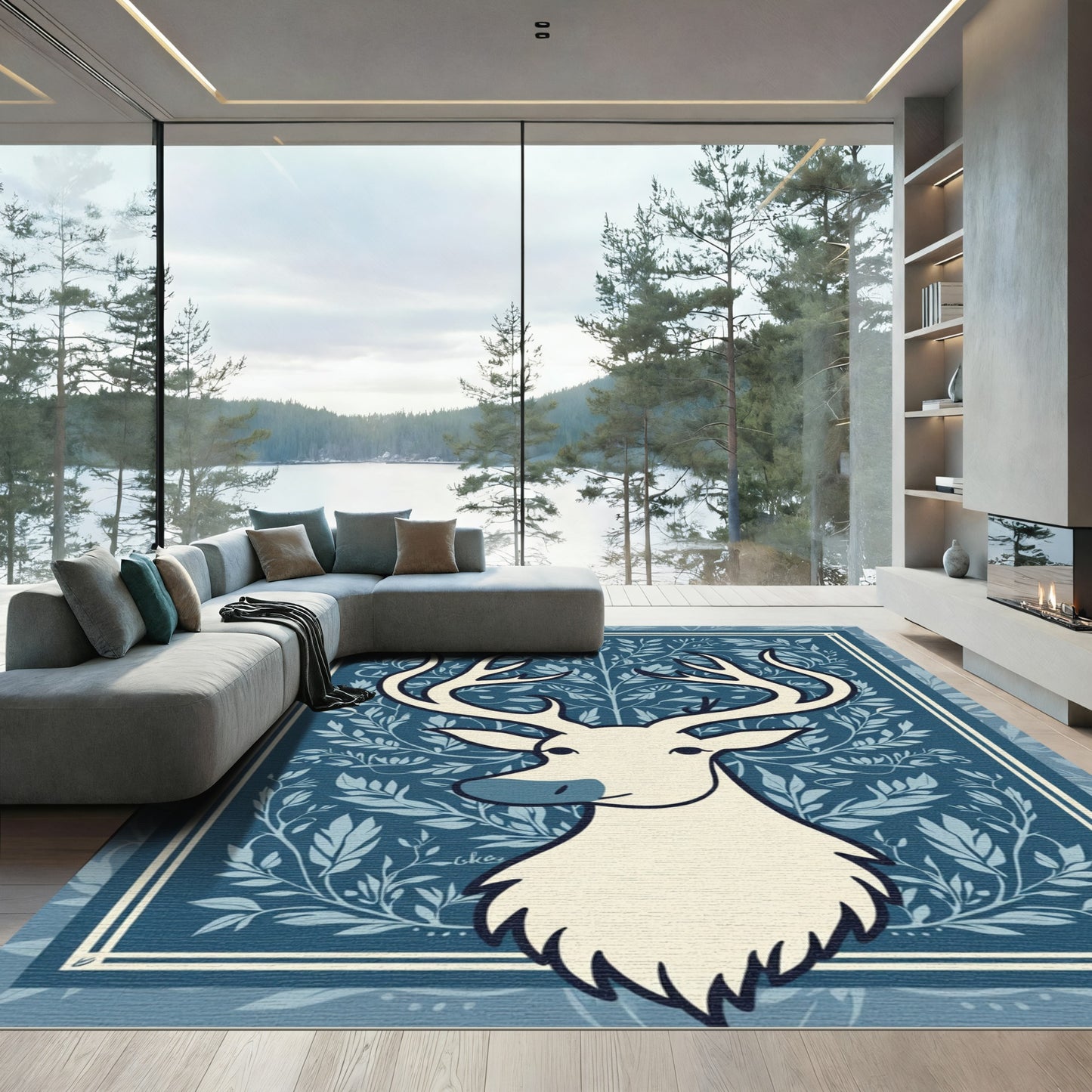 Cream Deer In Blue Foliage Motif Rug