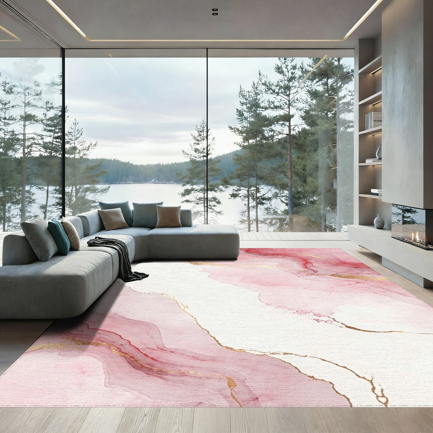 Blush Pink Gold Fluid Marble Rug