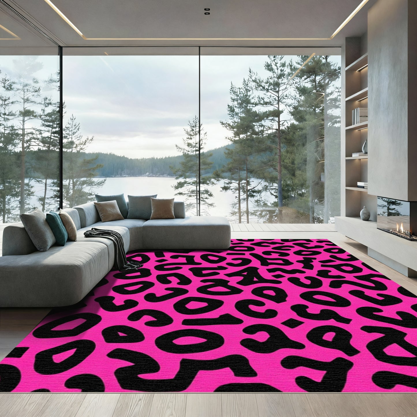 Hot Pink Black Abstract Spots Rug