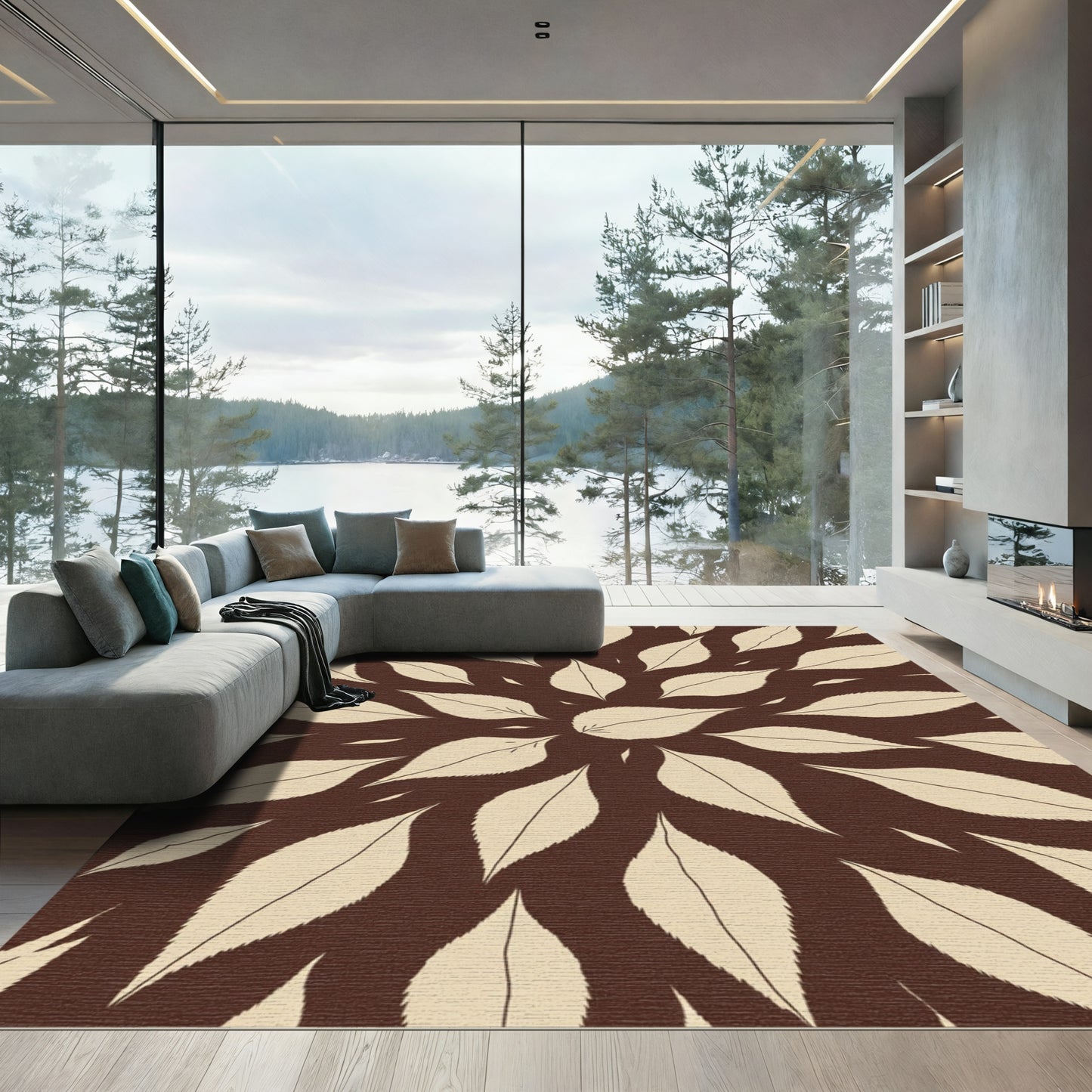 Cream Brown Leaf Mandala Rug