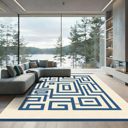 Dark Blue Maze Geometric Abstract Rug