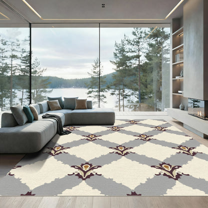 Cream Gray Burgundy Floral Lattice Rug