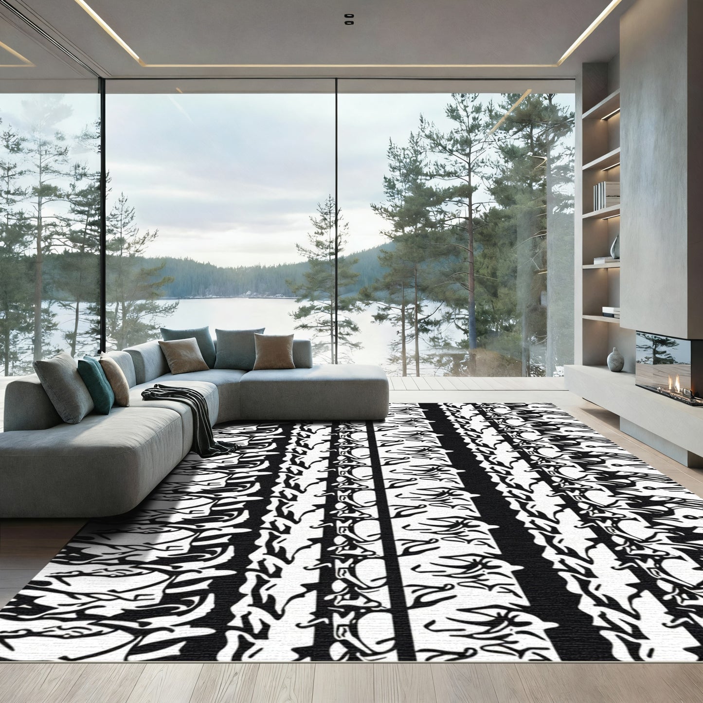 Black White Stylized Bird Border Rug