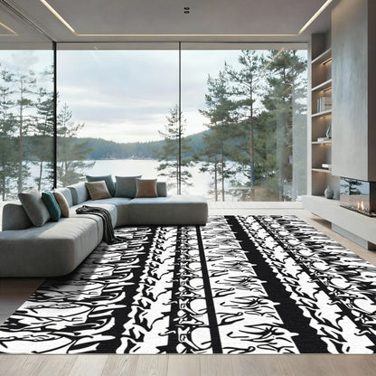 Black White Stylized Bird Border Rug