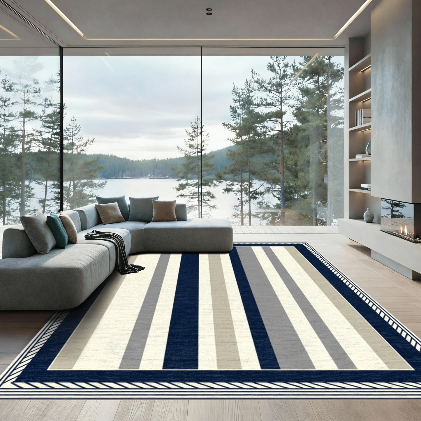 Navy Beige Gray Striped Border Rug
