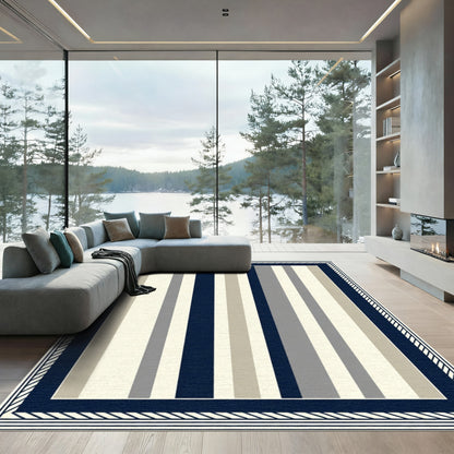 Navy Beige Gray Striped Border Rug