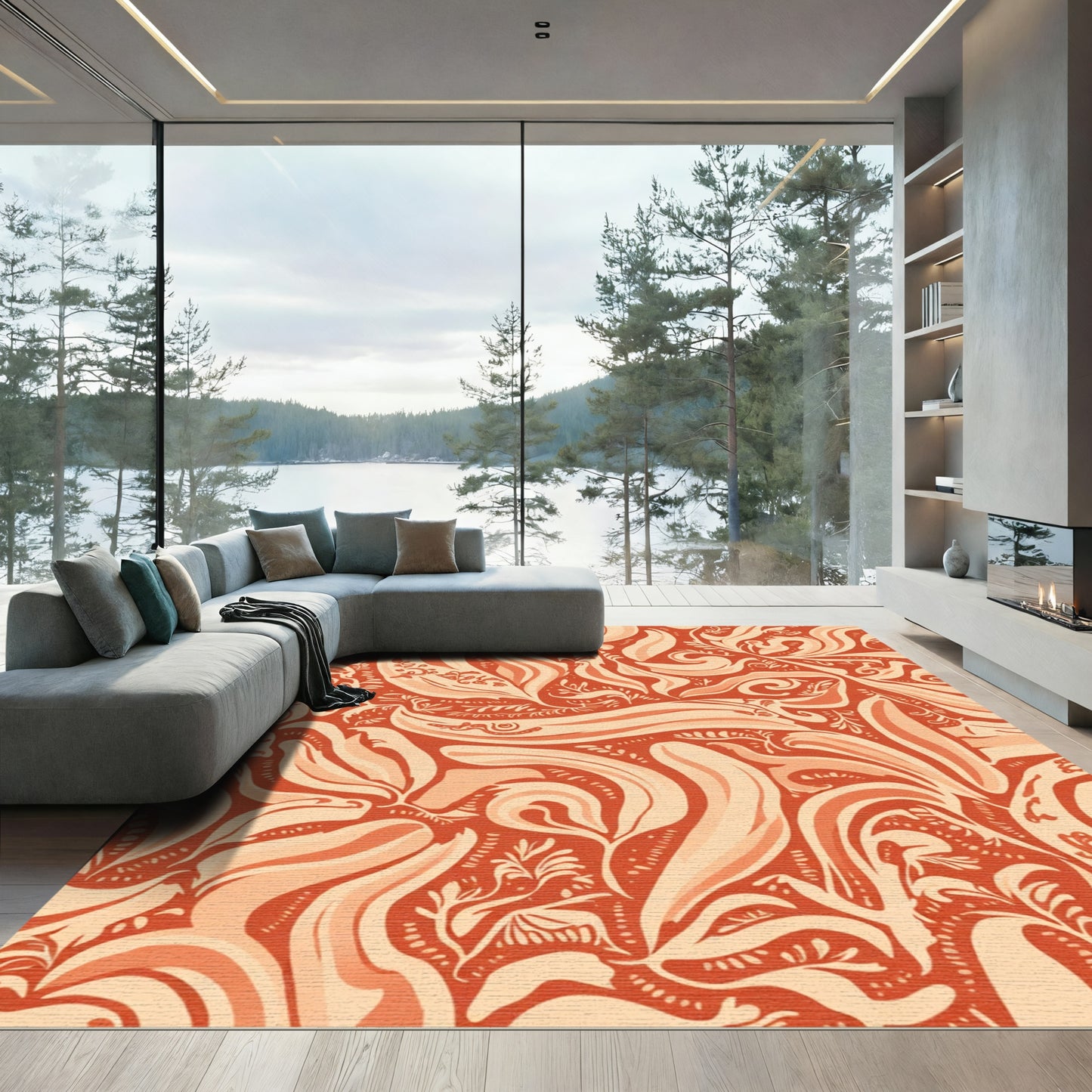 Warm Peach Swirl Floral Rug