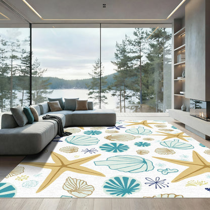 Beige Teal Starfish Shell Collection Rug